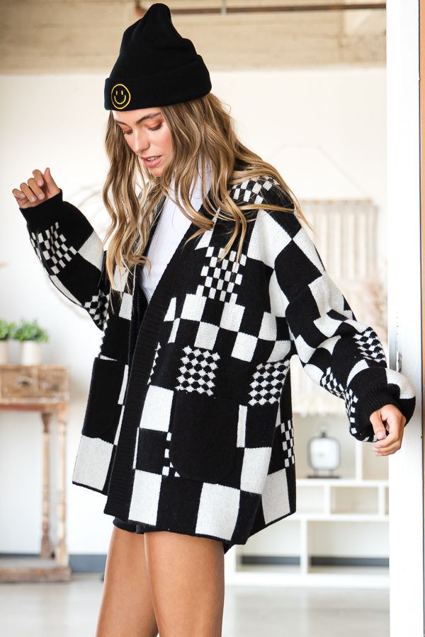 Block Checker Open Knit Cardigan with Pockets