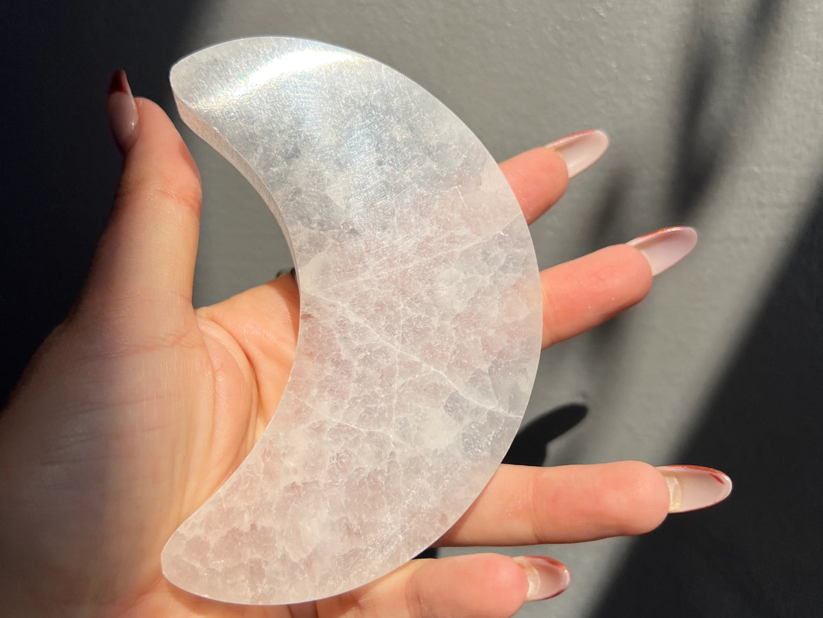 Selenite Crystal Etched Moon Carving