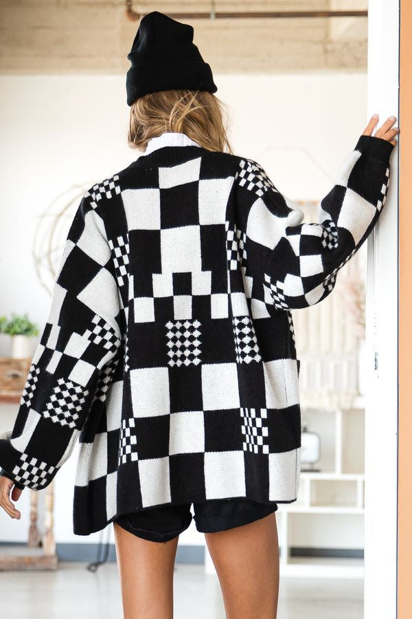 Block Checker Open Knit Cardigan with Pockets